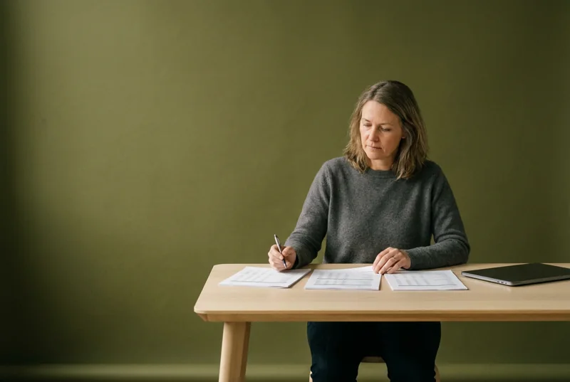 A woman at a plain timber table comparing three printed reports side by side, pen in hand, in front of an olive backdrop.